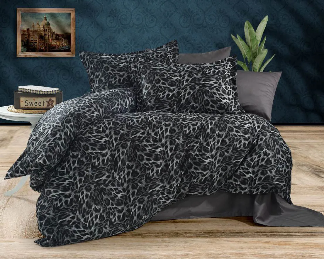 Antrasit ve gri leopar desenli ranforce nevresim takımı
