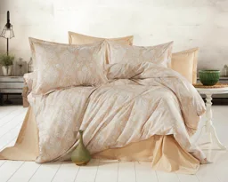 Bej Damask Desenli Ranforce Nevresim Takımı