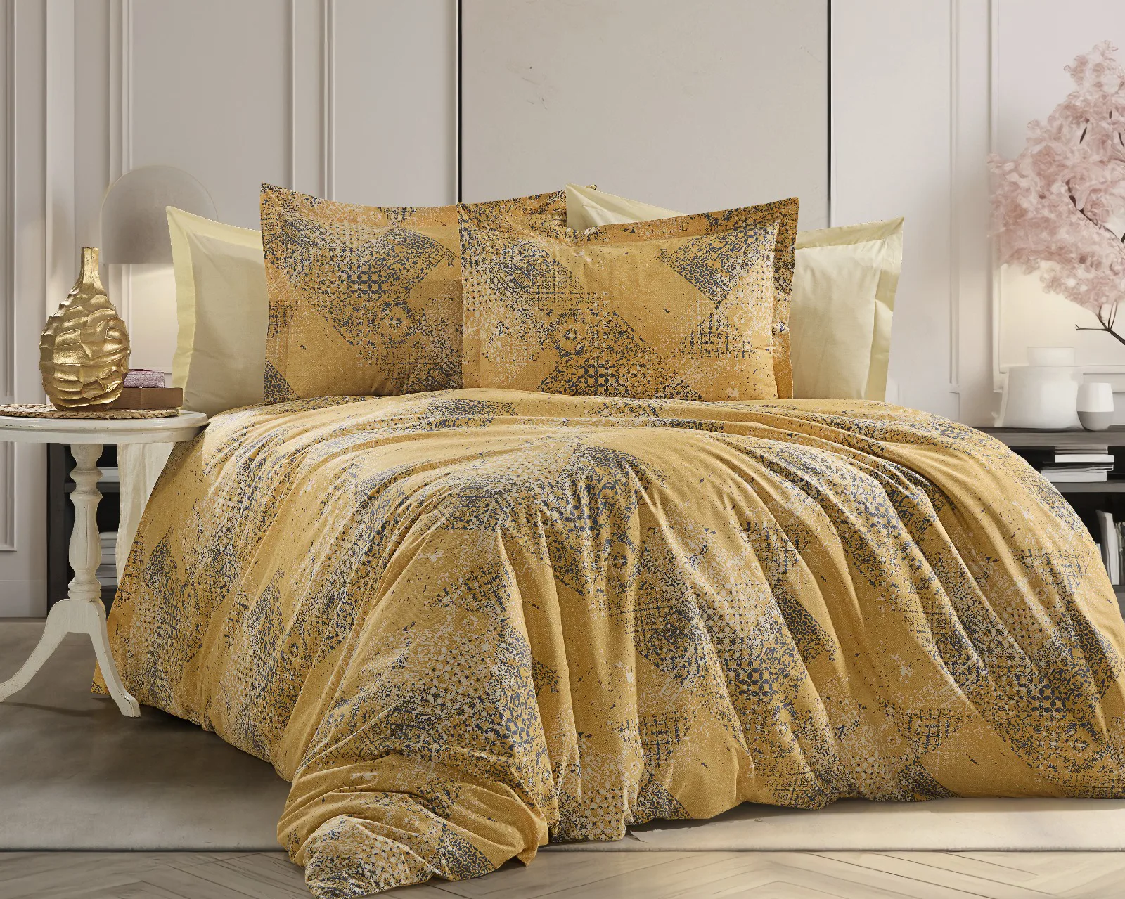 Hardal sarisi etnik patchwork desenli ranforce nevresim takimi
