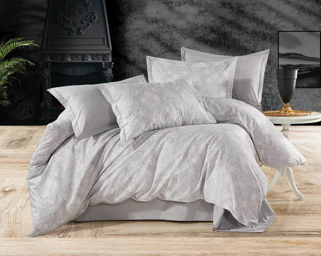 acik gri damask desenli ranforce nevresim takimi