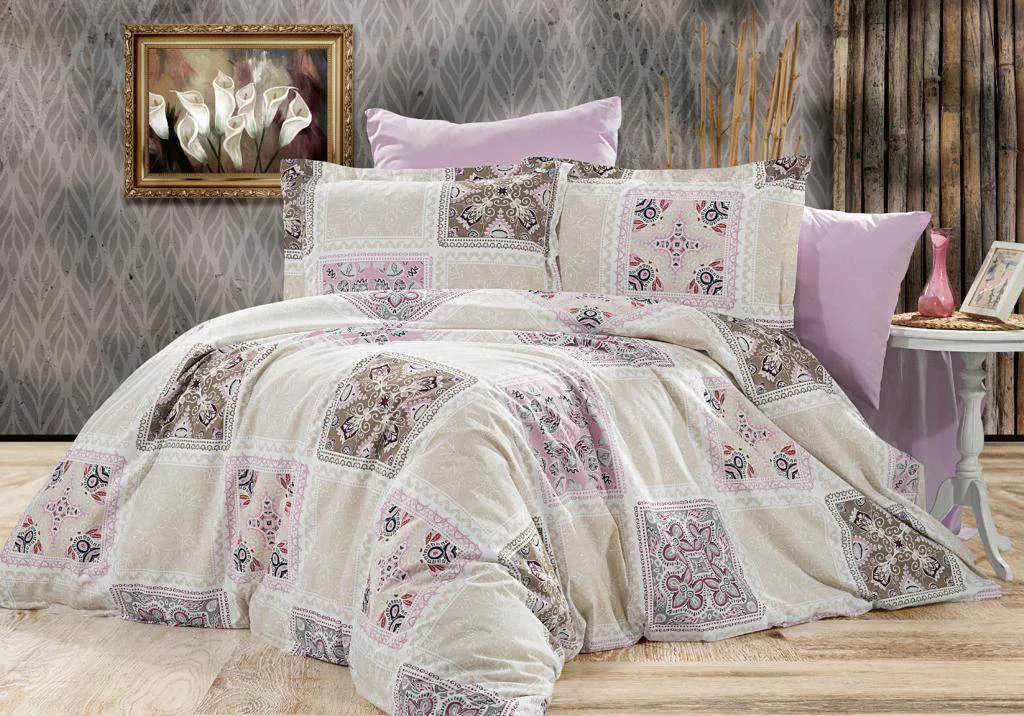 Bej etnik patchwork desenli ranforce nevresim takimi