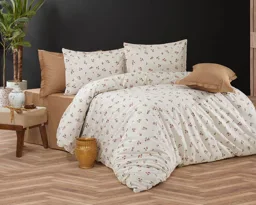 Krem Ufak Çiçek Desenli Ranforce Nevresim Takımı