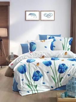 Mavi Lale Desenli Ranforce Nevresim Takımı
