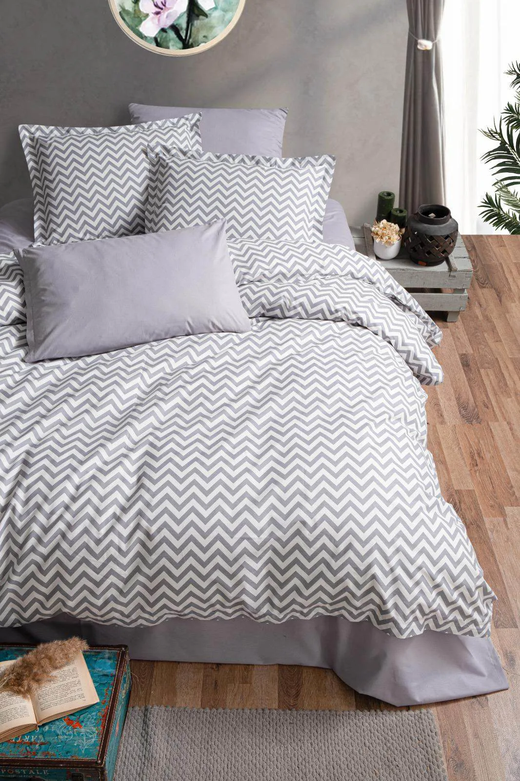 Gri zigzag desenli ranforce nevresim takimi