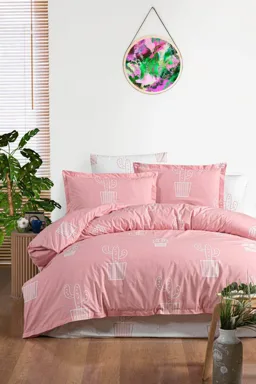 Pembe Kaktüs Desenli Ranforce Nevresim Takımı