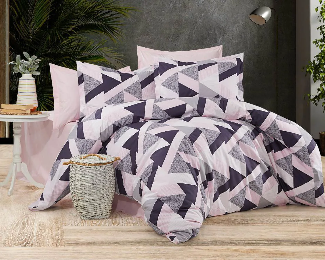Pembe geometrik desenli ranforce nevresim takımı